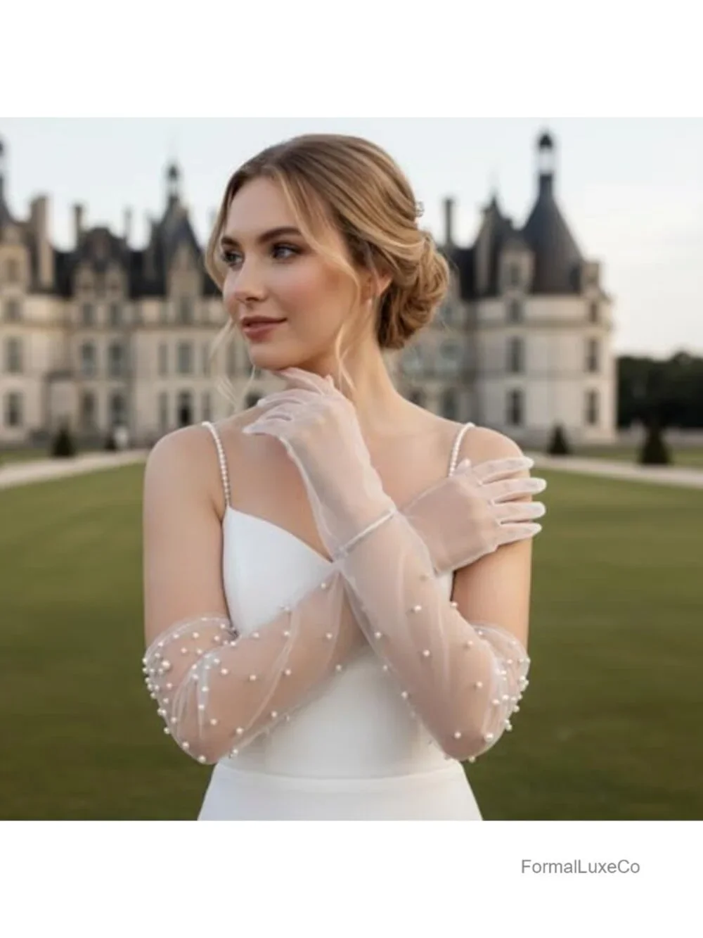 Long Tulle Gloves Bridal Opera Party Pearl Wedding Gloves for Women
